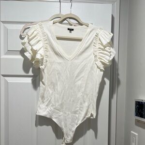 Express Ivory Ruffle Sleeve V-Neck Bodysuit